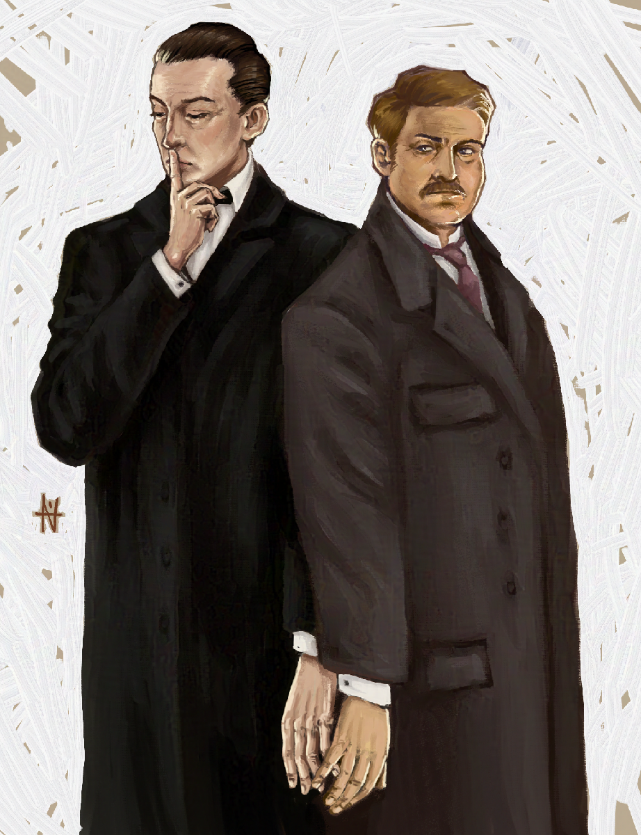 Peinture digitale de deux hommes habillés à la mode edwardienne se tenant discrètement la main